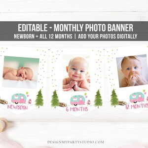 Bewerkbare Happy Camper verjaardag banner maandelijkse fotobanner Glamping Party Camping Pink Girl digitale downloadsjabloon afdrukbare 0342