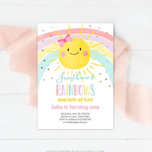 Bearbeitbar Sonnenschein und Regenbogen Geburtstagseinladung Pastell Regenbogen Geburtstag Sonnenschein 1. Geburtstag Party Girl Download Corjl Vorlage 0402