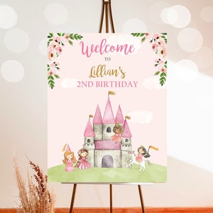 Editable Princess Birthday Welcome Sign Girl Royal Castle Birthday Sign Pink Princesses Watercolor Digital Download Template Printable 0171