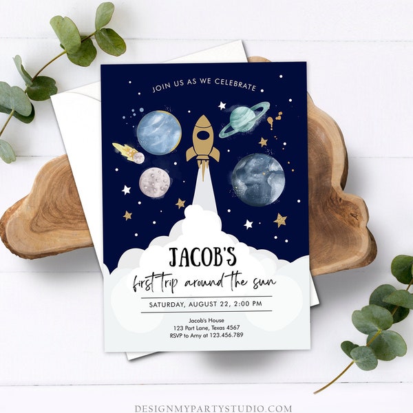 Editable Outer Space First Birthday Invitation Galaxy Blast Off First Trip Around the Sun Download Printable Template Digital Corjl 0357