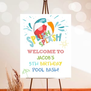 Letrero de bienvenida editable para fiesta en la piscina, fiesta de cumpleaños, pelota de playa, fiesta de piscina, bienvenida para niños, plantilla de bienvenida imprimible Corjl 0169