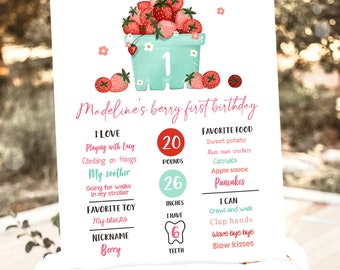 Editable Strawberry Birthday Milestones Sign Strawberry First Birthday Girl Strawberries Watercolor Digital Download Template Printable 0506