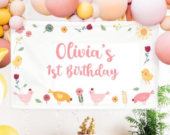 Banner de fondo editable de pollito para fiesta de cumpleaños de niña, primavera, animales de granja, Pascua, corral, descarga digital, plantilla imprimible 0446