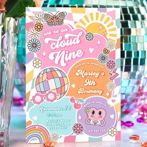 Editable We're on Cloud Nine Groovy 9th Birthday Party Invitation Groovy Hippie Peace Preppy Varsity Disco Digital Template Printable 0524
