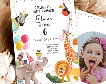 Editable Calling All Party Animals Birthday Invitation Wild One Jungle Zoo Safari Animals Digital Download Evite Template Printable 0482