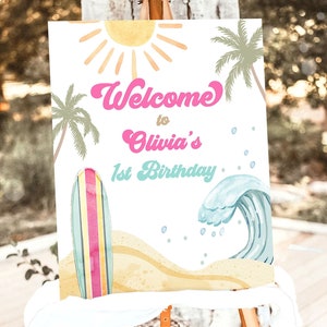 Editable Surf Birthday Welcome Sign Girl The Big One Birthday First Welcome Sign Beach Party Retro Big Wave Digital Template Printable 0433