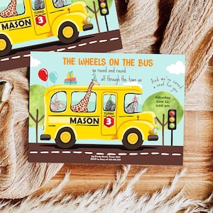 Editable Wheels on the Bus Birthday Invitation Bus Party Invite School Bus Animals Boy Girl Download Printable Template Digital Corjl 0325