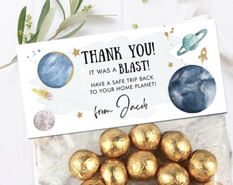 Editable Outer Space Treat Bag Toppers Space Birthday Party Favors Thank You A Blast Galaxy Party Trip Around the Sun Corjl Template 0357