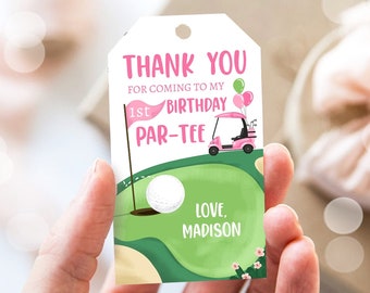 Editable Girl Golf Favor Tags Golf Thank You Par-tee Tags Golfing Birthday Hole in One 1st Birthday Gift Tag Download Corjl Template 0405
