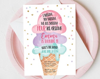 May include: A colorful ice cream cone birthday party invitation with the text "I scream, you scream, we all scream four ice cream!" and "Emma is turning 4!" with a date and time for the party. The invitation has a pink, purple, and blue ice cream cone with gold glitter sprinkles.
