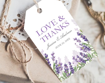 Editable Lavender Favor Tag Thank You Love and Thanks Wedding Bridal Shower Greenery Lilac Blush Purple Corjl Template Printable 0206