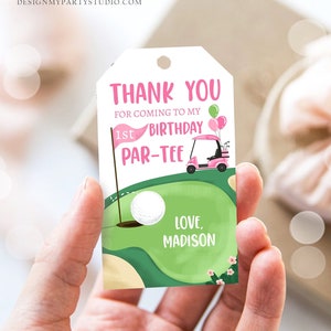 Editable Girl Golf Favor Tags Golf Thank You Par-tee Tags Golfing Birthday Hole in One 1st Birthday Gift Tag Download Corjl Template 0405
