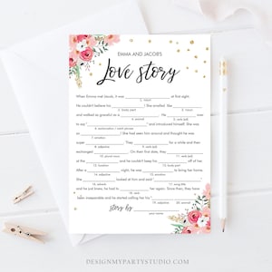 Editable Love Story Bridal Shower Game Funny Pink Floral Gold Confetti Shower Activity Wedding Foliage Download Corjl Template 0030 0318