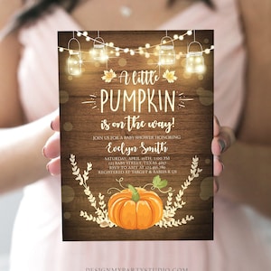 Editable Little Pumpkin Baby Shower Invitation Orange Pumpkin Patch Autumn Fall Rustic Boy Girl Sprinkle Corjl Template Printable 0015