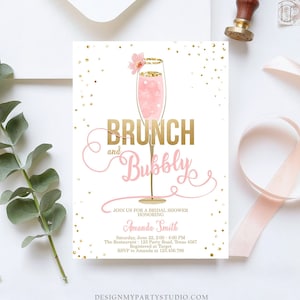 Editable Brunch and Bubbly Bridal Shower Invitation Floral Champagne Gold Pink Wedding Digital Download Corjl Template Printable 0150