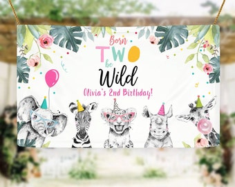 Editable Party Animals Birthday Backdrop Banner Safari Animals Girl Born Two Be Wild Welcome Sign Digital Download Template Printable 0322