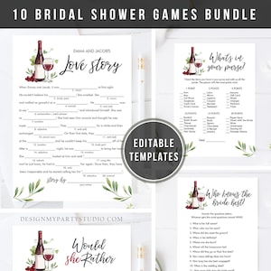 Editable Wine Bridal Shower Games Bundle Wedding Shower Activity Vineyard Tasting Grapes Brunch and Bubbly Digital Template Printable 0234