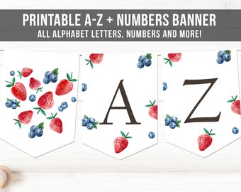Strawberry Blueberry Alphabet Banner Letters A to Z Numbers Birthday Banner Berry Sweet Party Decor Baby Shower Digital Printable 0399