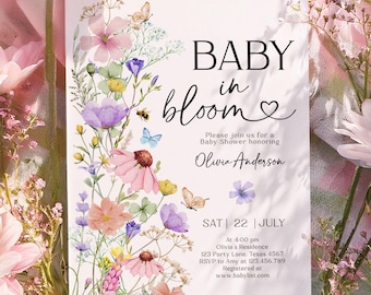 Invitación editable para baby shower con flores silvestres, mariposas de primavera, flores silvestres, descarga instantánea, plantilla digital imprimible 0543