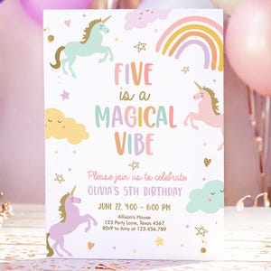 Editable Unicorn Birthday Invitation 5th Five is a Magical Vibe Magical Party Invite Girl Pastel Birthday Template Rainbow Download 0426