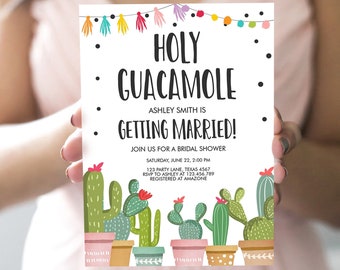 Editable Holy Guacamole Bridal Shower Invitation Fiesta Couples Shower Cactus Succulent Mexican Download Corjl Template Printable 0254