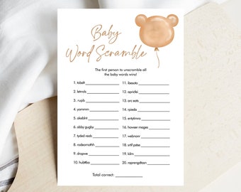 Editable Word Scramble Baby Shower Game Modern Bear Cute Teddy Bear Baby Shower Boho Bearly Wait Activity Corjl Template Printable 0439