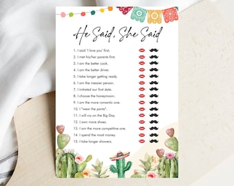 Editable He Said She Said Bridal Shower Game Cactus Fiesta Mexican Coed Shower Succulent Wedding Activity Corjl Template Printable 0404