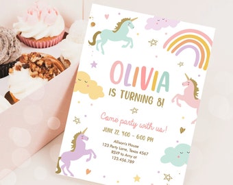 Editable Unicorn Birthday Invitation Magical Party Invite Girl Pink Pastel First Digital Unicorn Party Template Rainbow Download Corjl 0426