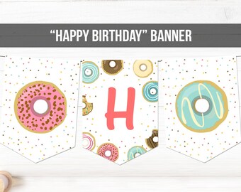 Happy Birthday Banner Donut Birthday Banner Girl Pink Donut Party Birthday Doughnut Decoration Instant Download PRINTABLE DIGITAL DIY 0050