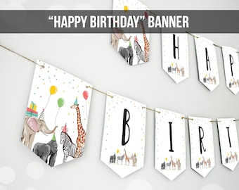 Happy Birthday Banner Party Animals Safari Animals Wild One Birthday Zoo Decorations Boy Girl Jungle Instant download PRINTABLE DIGITAL 0142