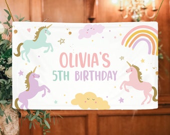 Editable Unicorn Backdrop Banner Pastel Unicorn Birthday Girl Magical Party Decor Rainbow Welcome Download Corjl Template Printable 0426