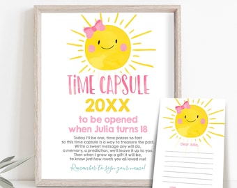 Bewerkbare Sunshine Time Capsule eerste verjaardagsfeestje Little Sunshine Pink Bow Girl verjaardag zomer gastenboek sjabloon afdrukbare Corjl 0141