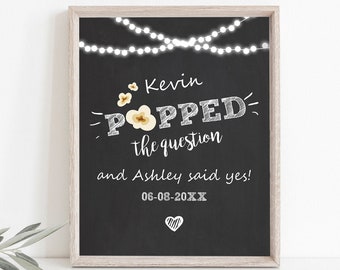 Editable Popped The Question Sign Rustic Chalk Engagement party Sign Popcorn Wedding Sign Table Sign Lights Template PRINTABLE Corjl 0110