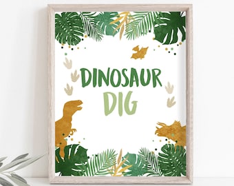 Dino Dig Sign Table Decor Dinosaur Dig Sign Prehistoric Party Boy Green Gold Favor Table Jungle Dino Party Sign T-Rex PRINTABLE 0146