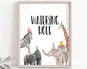 Watering Hole Geburtstagsschild Drink Tischdekoration Safari Geburtstag Wild One Tiere Partytiere Tischschild Zoo Party Jungle PRINTABLE 0142