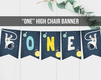 Outer Space High Chair Banner Birthday Astronaut Party High Chair Banner ONE Space Rocket Astronaut Party Decor Planets PRINTABLE 0046