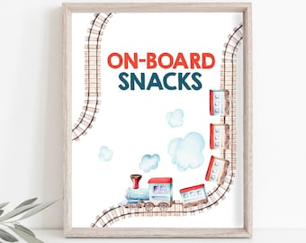 On-Board Snacks Sign Train Birthday Party Sign Vintage Train Theme Boy Red Blue Drink Table Sign Train Food Table Sign Decor PRINTABLE 0149