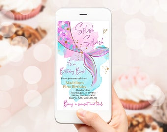 Editable Mermaid Birthday Party Evite Electronic Girl Pink Purple Gold Mermaid Birthday Under The Sea Download Phone Template Corjl 0403
