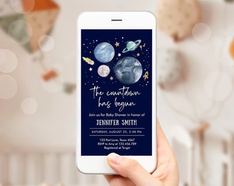 Editable Space Baby Shower Evite Galaxy Outer Space Planets Moon Countdown Electronic Invite Template Digital Instant Download Corjl 0357