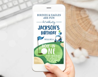 Editable Hole in One Birthday Evite Golf First Birthday Par-tee Golf Invite Boy Golf Download Electronic Phone Template Digital Corjl 0405