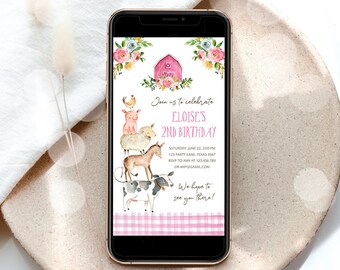 Editable Farm Birthday Evite Girl Farm Animals Pink Floral Barnyard Party Invitation Download Phone Invitation Template Digital Corjl 0155