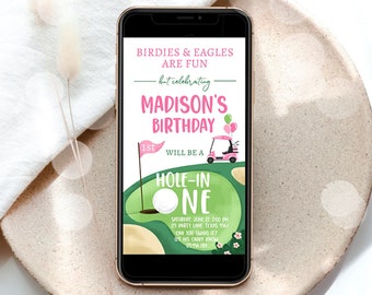 Editable Hole in One Birthday Evite Golf First Birthday Par-tee Golf Invite Girl Golf Download Electronic Phone Template Digital Corjl 0405