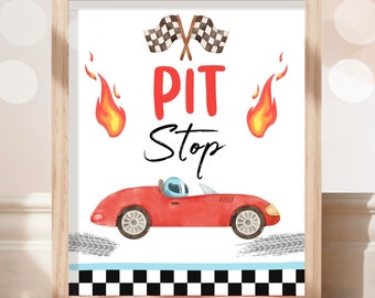 Pit Stop Race Car Sign Race Car Birthday Party Sign Two Fast Birthday Party Red Vintage Racing Car Decorations Download Printable 0424