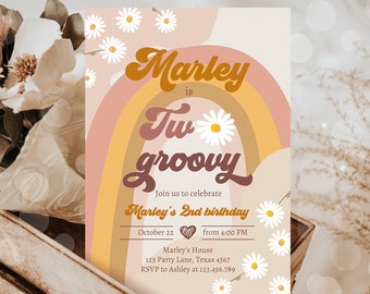 Editable Two Groovy Birthday Party Invitation 2nd Birthday Boho Retro Flower Power 70's Daisy Download Printable Template Corjl Digital 0428