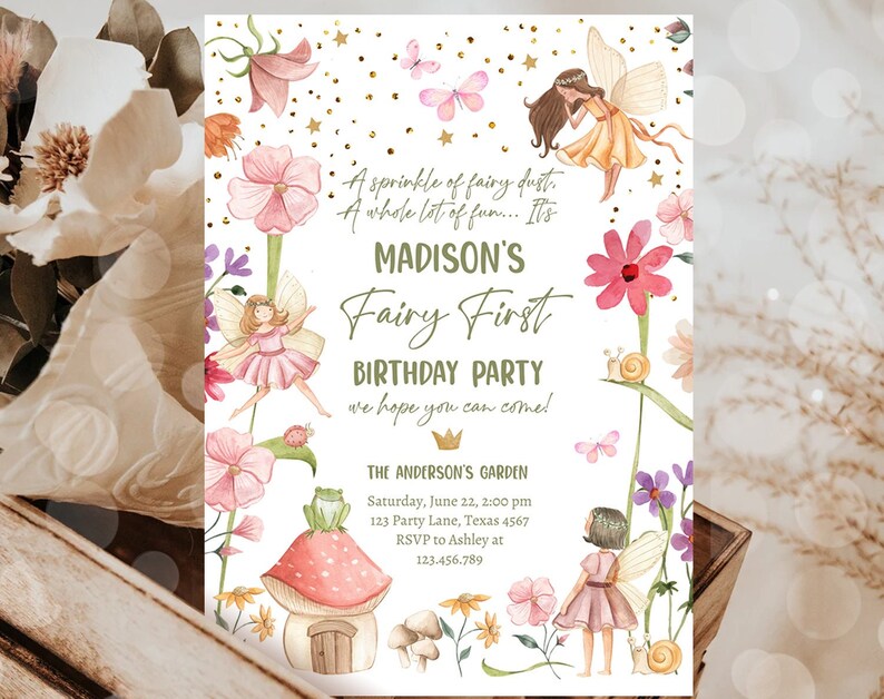 Editable Fairy First Birthday Invitation Fairy Garden Birthday Fairy Forest Girl 1st Birthday Magical Download Printable
