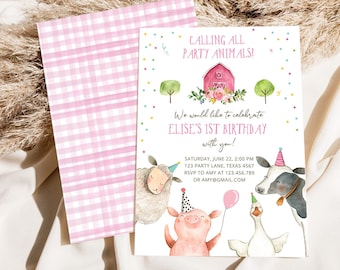 Editable Farm Animals Birthday Invitation Girl Farm Barnyard First Birthday Party Animals Confetti Download Corjl Template Printable 0155