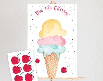 Editable Pin the Cherry on The Ice Cream Game Ice Cream Birthday Game Summer Cone Decor Instant Download Printable Digital Corjl 0243