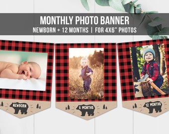 Lumberjack First Birthday Banner Monthly Photo Banner Buffalo Plaid Party Decor Instant Download Printable DIY Digital 0026