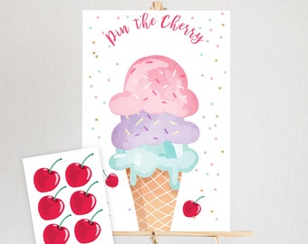 Editable Pin the Cherry on The Ice Cream Game Ice Cream Birthday Game Summer Cone Decor Instant Download Printable Digital Corjl 0243