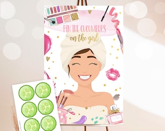 Pin the Cucumbers on The Girl Spa Party Game Spa Birthday Game Glitters and Glamour Makeup Activity Instant Download Printable Digital 0420